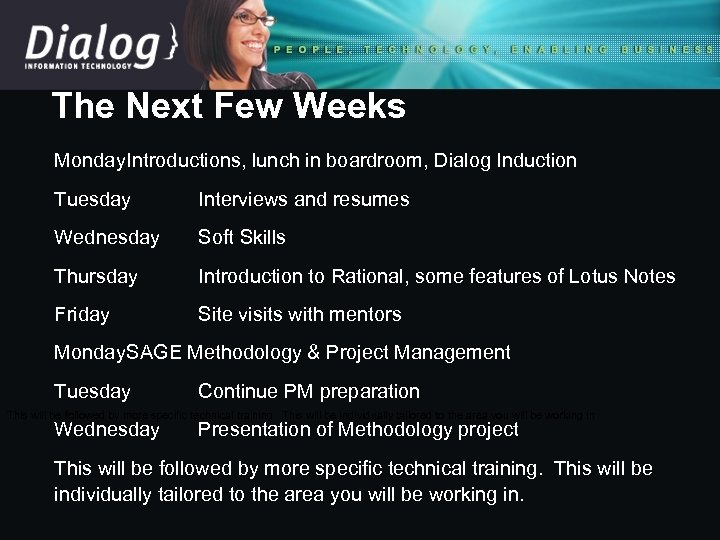 The Next Few Weeks Monday. Introductions, lunch in boardroom, Dialog Induction Tuesday Interviews and