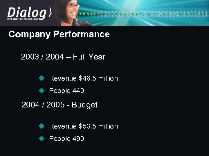 Company Performance 2003 / 2004 – Full Year u Revenue $46. 5 million u