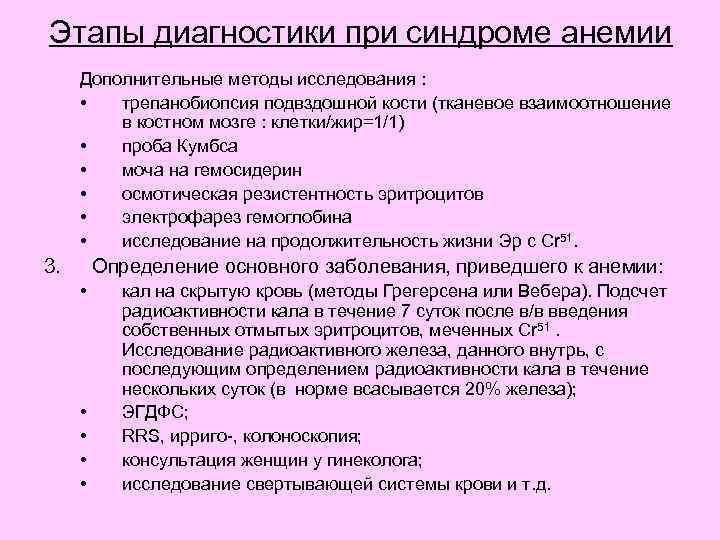 Этапы диагностики при синдроме анемии Дополнительные методы исследования : • трепанобиопсия подвздошной кости (тканевое