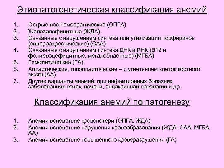 Этиопатогенетическая классификация анемий 1. 2. 3. 4. 5. 6. 7. Острые постгеморрагические (ОПГА) Железодефицитные