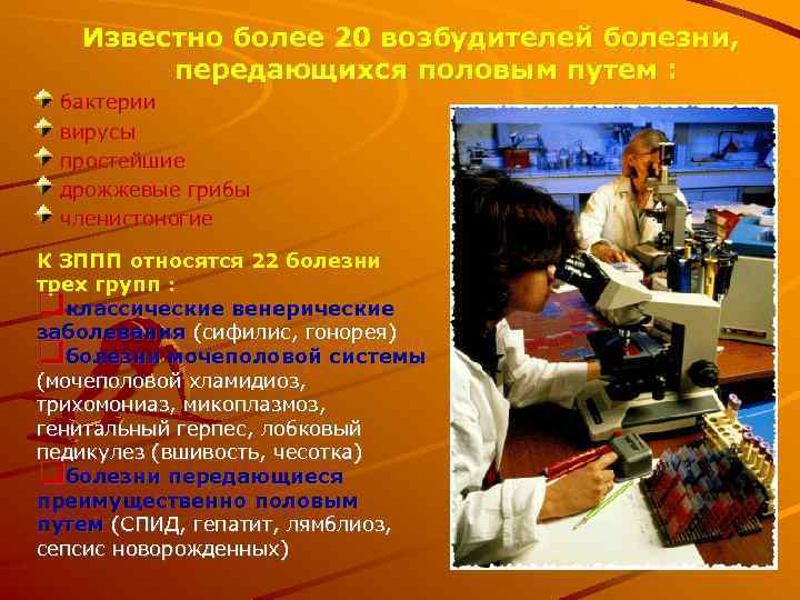 Известно более 20 возбудителей болезни, передающихся половым путем : бактерии вирусы простейшие дрожжевые грибы