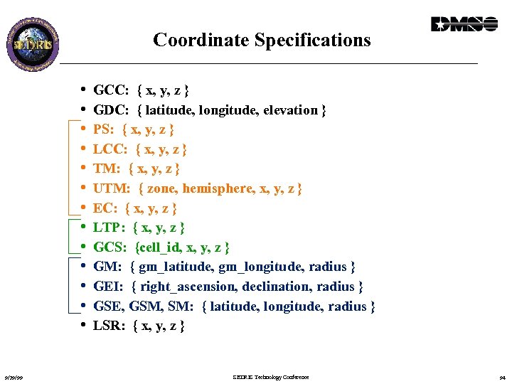Coordinate Specifications • • • • 9/29/99 GCC: { x, y, z } GDC: