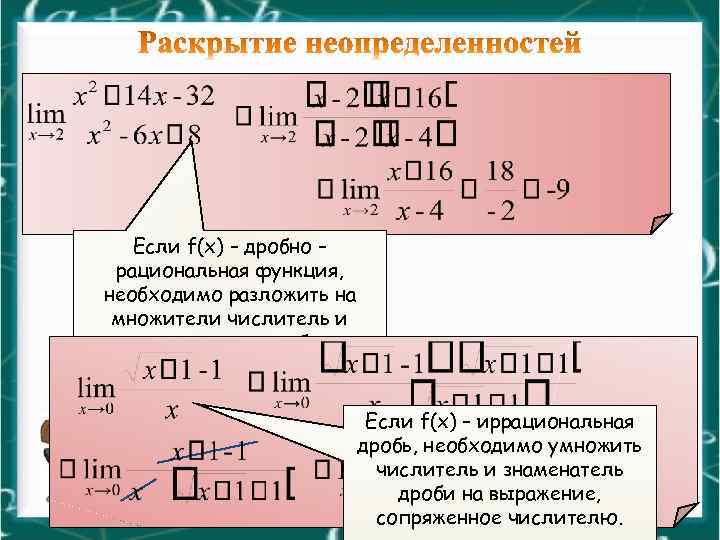 Если f(x) – дробно – рациональная функция, необходимо разложить на множители числитель и знаменатель