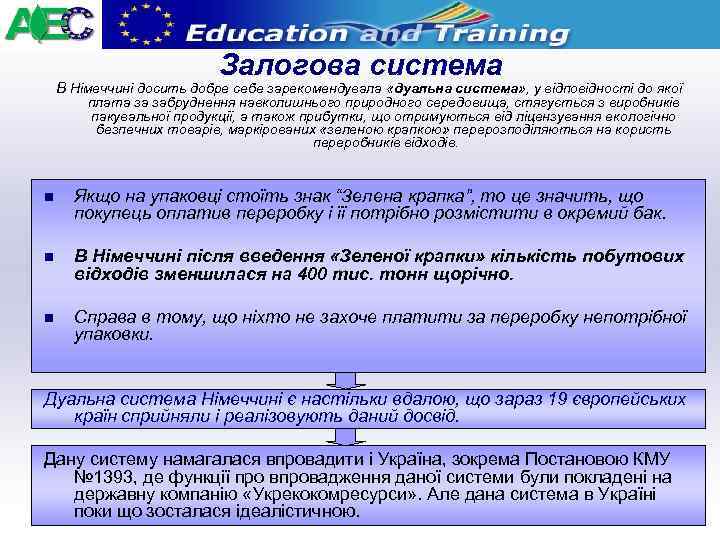 Залогова система В Німеччині досить добре себе зарекомендувала «дуальна система» , у відповідності до