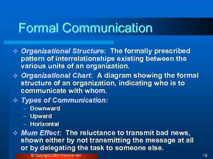 Formal Communication Organizational Structure: The formally prescribed Structure pattern of interrelationships existing between the