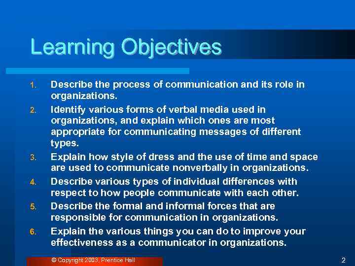 Learning Objectives 1. 2. 3. 4. 5. 6. Describe the process of communication and