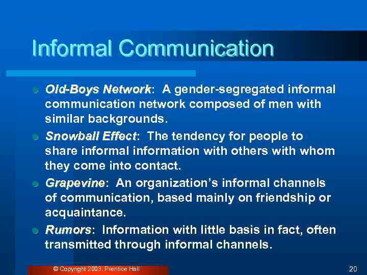 Informal Communication l l Old-Boys Network: A gender-segregated informal Network communication network composed of