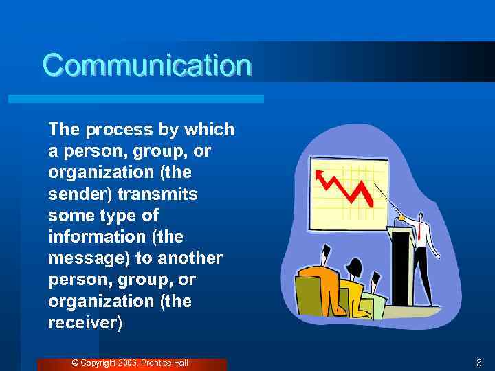 Communication The process by which a person, group, or organization (the sender) transmits some