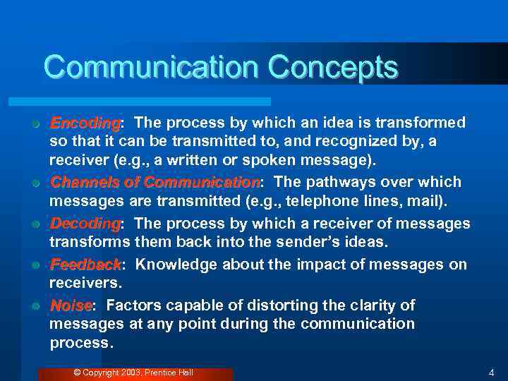 Communication Concepts l l l Encoding: The process by which an idea is transformed