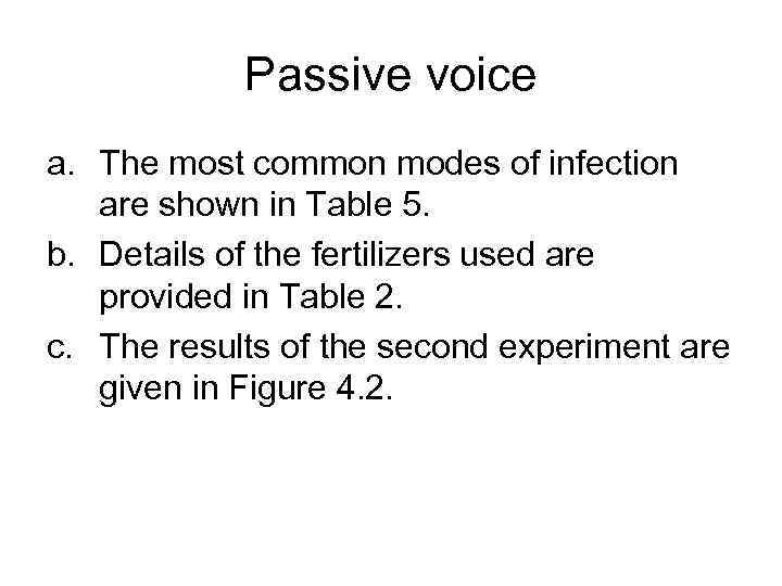 Passive voice a. The most common modes of infection are shown in Table 5.