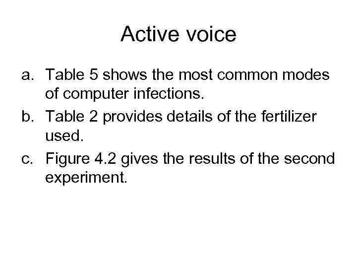 Active voice a. Table 5 shows the most common modes of computer infections. b.