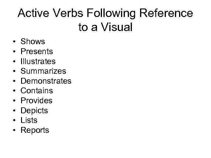 Active Verbs Following Reference to a Visual • • • Shows Presents Illustrates Summarizes