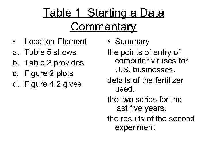 Table 1 Starting a Data Commentary • a. b. c. d. Location Element Table