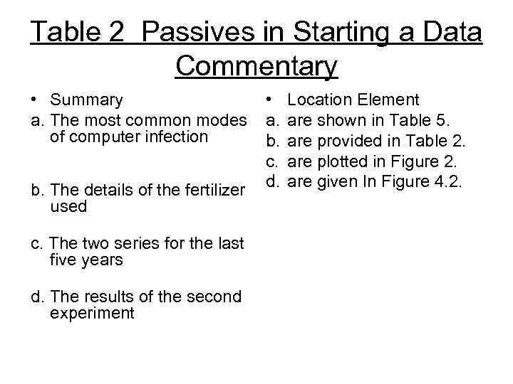 Table 2 Passives in Starting a Data Commentary • Summary a. The most common