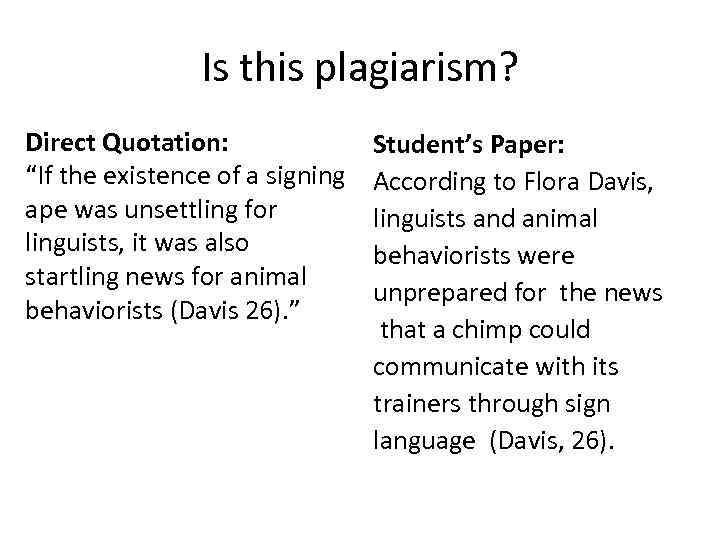 Is this plagiarism? Direct Quotation: “If the existence of a signing ape was unsettling