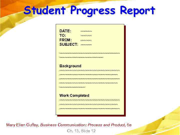 Student Progress Report DATE: TO: FROM: SUBJECT: ~~~~~~ ~~~~~~~~~~~~~~~~~ Background ~~~~~~~~~~~~~~~~~~~~~~~~~~~~~~~~~ ~~~~~~~ Work Completed