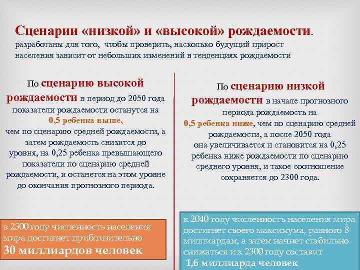 Сценарии «низкой» и «высокой» рождаемости. разработаны для того, чтобы проверить, насколько будущий прирост населения