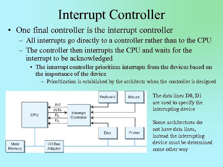 Interrupt Controller • One final controller is the interrupt controller – All interrupts go