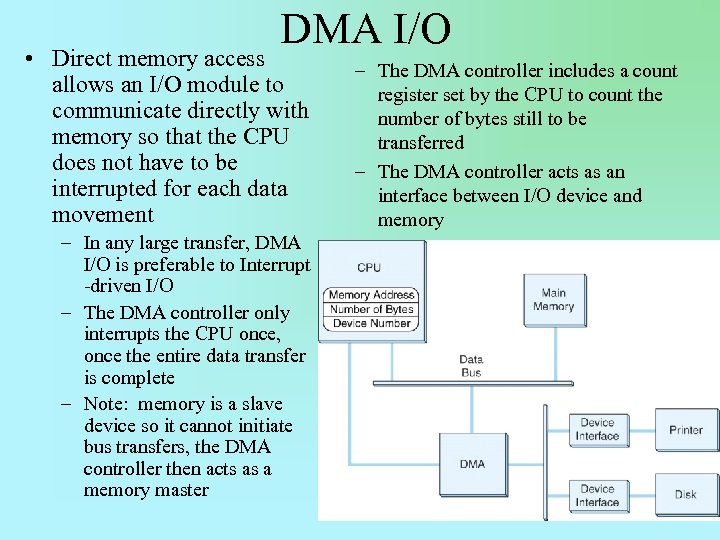 DMA I/O • Direct memory access allows an I/O module to communicate directly with