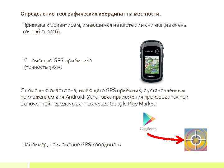 Определение географических координат на местности. Привязка к ориентирам, имеющимся на карте или снимке (не