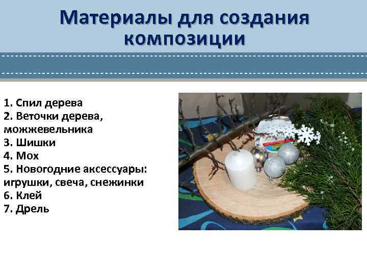 Материалы для создания композиции 1. Спил дерева 2. Веточки дерева, можжевельника 3. Шишки 4.