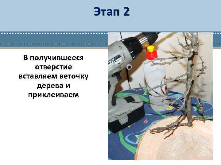 Этап 2 В получившееся отверстие вставляем веточку дерева и приклеиваем 
