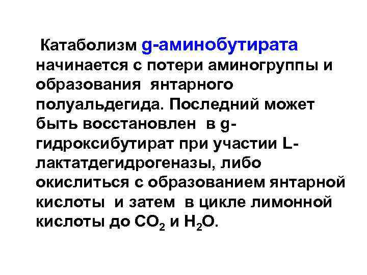  Катаболизм g-аминобутирата начинается с потери аминогруппы и образования янтарного полуальдегида. Последний может быть