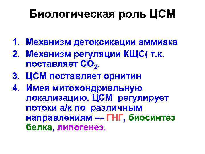 Биологическая роль ЦСМ 1. Механизм детоксикации аммиака 2. Механизм регуляции КЩС( т. к. поставляет