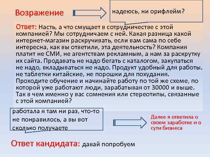 Возражение надеюсь, ни орифлейм? Ответ: Насть, а что смущает в сотрудничестве с этой компанией?