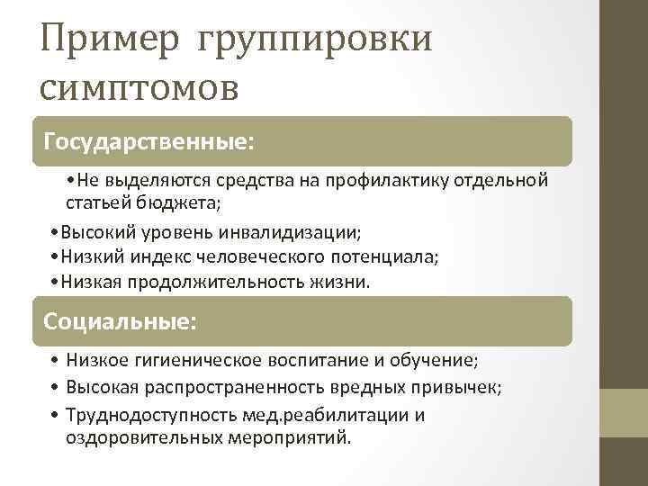 Пример группировки симптомов Государственные: • Не выделяются средства на профилактику отдельной статьей бюджета; •