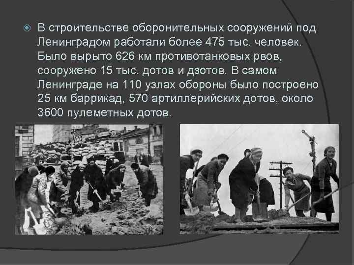  В строительстве оборонительных сооружений под Ленинградом работали более 475 тыс. человек. Было вырыто