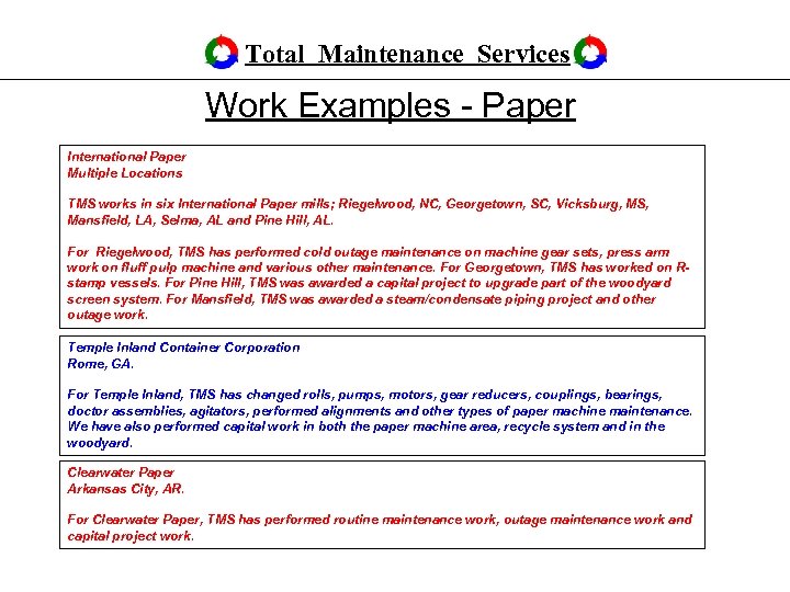 Total Maintenance Services Work Examples - Paper International Paper Multiple Locations TMS works in