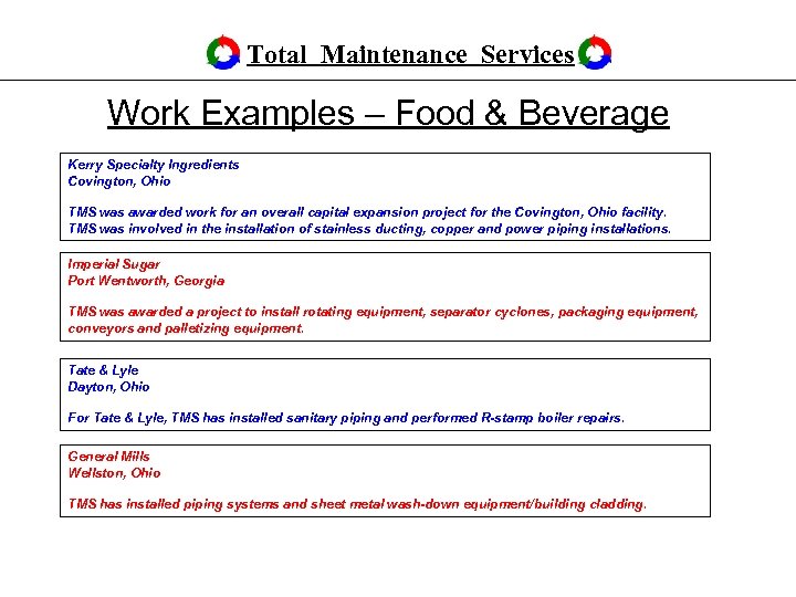 Total Maintenance Services Work Examples – Food & Beverage Kerry Specialty Ingredients Covington, Ohio