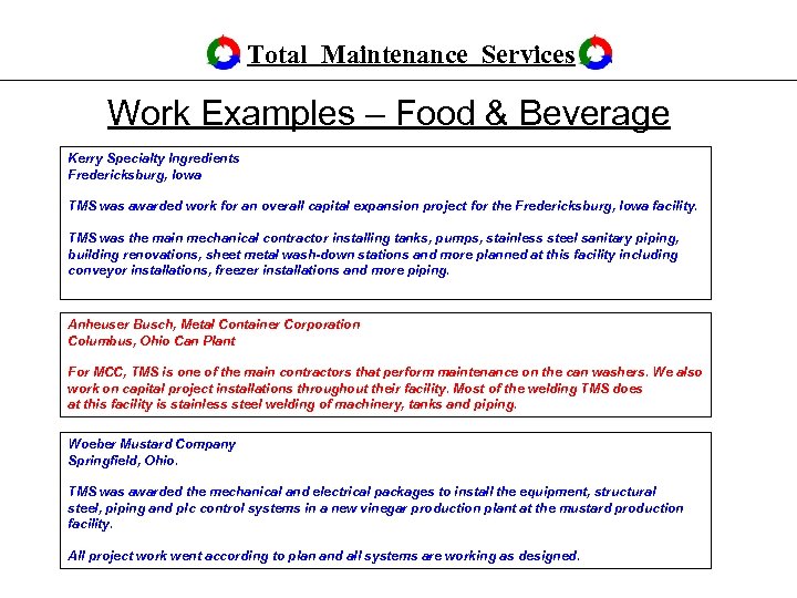 Total Maintenance Services Work Examples – Food & Beverage Kerry Specialty Ingredients Fredericksburg, Iowa