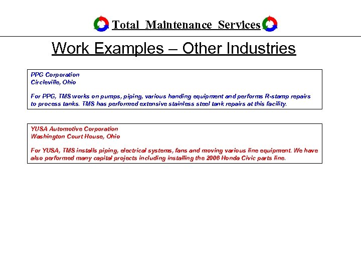 Total Maintenance Services Work Examples – Other Industries PPG Corporation Circleville, Ohio For PPG,