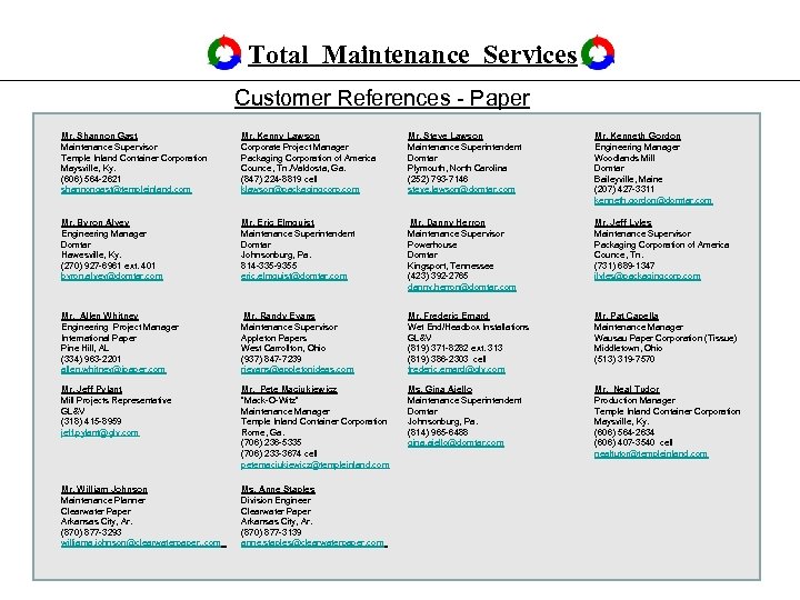Total Maintenance Services Customer References - Paper Mr. Shannon Gast Maintenance Supervisor Temple Inland