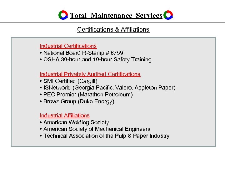Total Maintenance Services Certifications & Affiliations Industrial Certifications • National Board R-Stamp # 6759