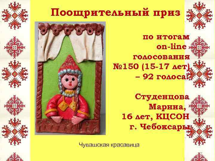 Поощрительный приз по итогам on-line голосования № 150 (15 -17 лет) – 92 голоса: