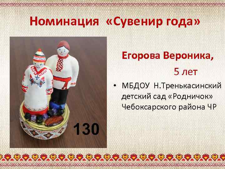 Номинация «Сувенир года» Егорова Вероника, 5 лет • МБДОУ Н. Тренькасинский детский сад «Родничок»