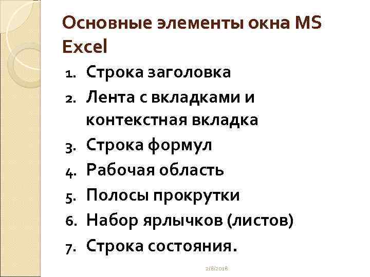 Основные элементы окна MS Excel 1. 2. 3. 4. 5. 6. 7. Строка заголовка