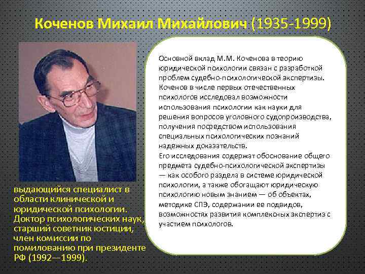 Коченов Михаил Михайлович (1935 -1999) выдающийся специалист в области клинической и юридической психологии. Доктор