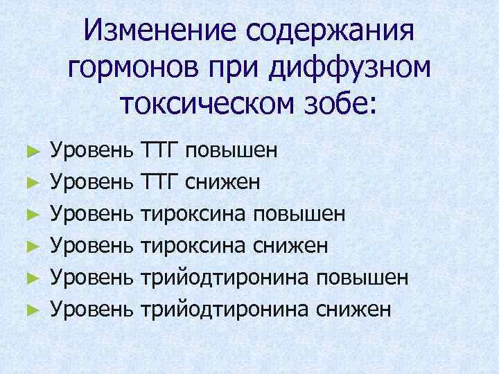 Изменение содержания гормонов при диффузном токсическом зобе: ► ► ► Уровень Уровень ТТГ повышен