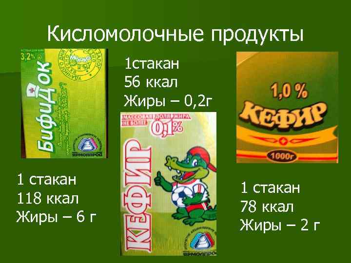 Кисломолочные продукты 1 стакан 56 ккал Жиры – 0, 2 г 1 стакан 118