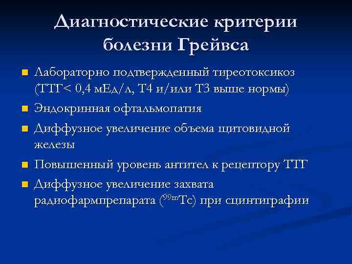 Диагностические критерии болезни Грейвса n n n Лабораторно подтвержденный тиреотоксикоз (ТТГ< 0, 4 м.