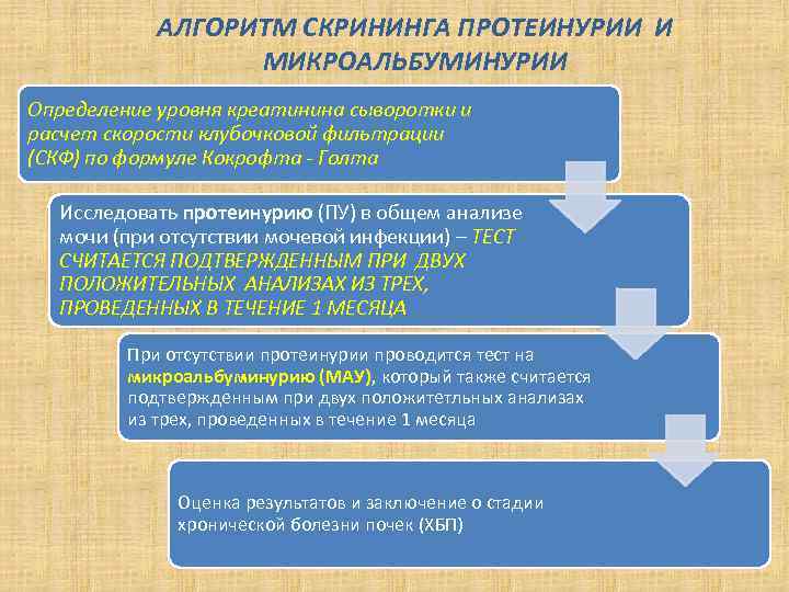 АЛГОРИТМ СКРИНИНГА ПРОТЕИНУРИИ И МИКРОАЛЬБУМИНУРИИ Определение уровня креатинина сыворотки и расчет скорости клубочковой фильтрации