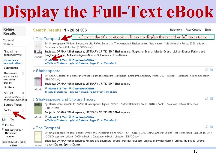 Display the Full-Text e. Book Click on the title or e. Book Full Text