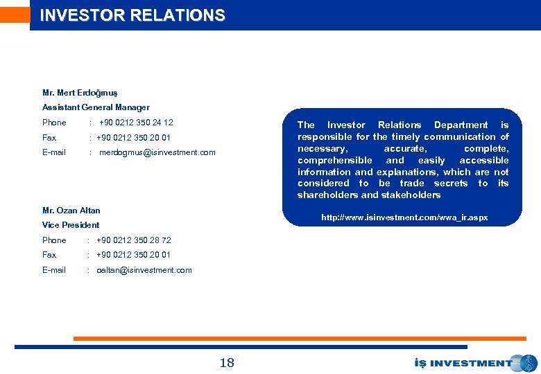 INVESTOR RELATIONS Mr. Mert Erdoğmuş Assistant General Manager Phone : +90 0212 350 24