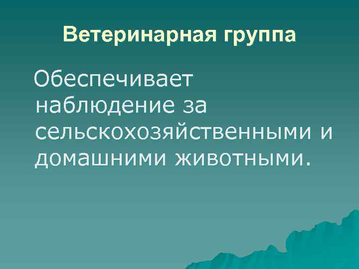 Ветеринарная группа Обеспечивает наблюдение за сельскохозяйственными и домашними животными. 