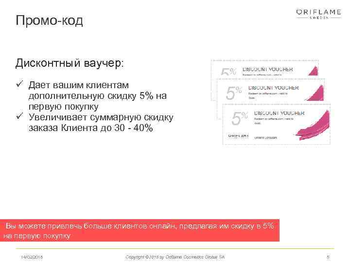 Промо-код Дисконтный ваучер: ü Дает вашим клиентам дополнительную скидку 5% на первую покупку ü