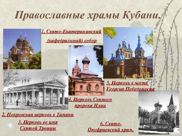Православные храмы Кубани. 1. Свято-Екатерининский (кафедральный) собор 5. Церковь в честь Георгия Победоносца 4.